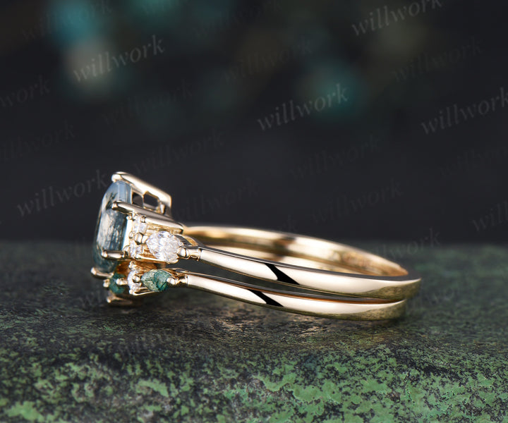 Hexagon cut moss agate ring set minimalist seven stones engagement ring marquise moss agate moissanite wedding band unique bridal set