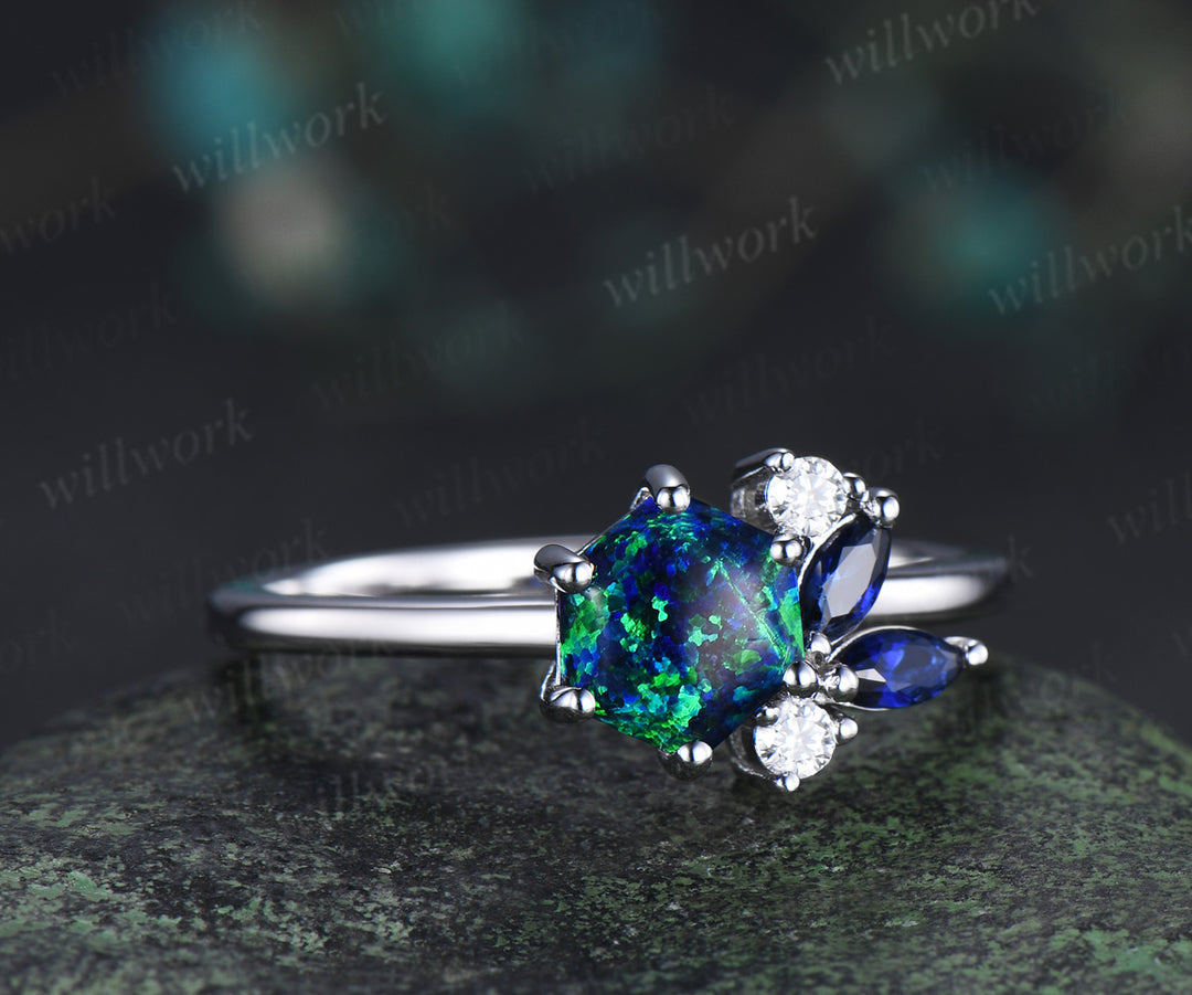 Unique hexagon cut black opal ring marquise blue sapphire cluster ring solid 14k white gold promise ring for women