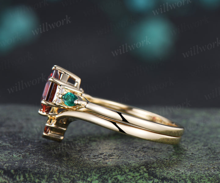 Hexagon cut ruby engagement ring set emerald moissanite seven stones ring minimalist princess cut ruby band bridal set