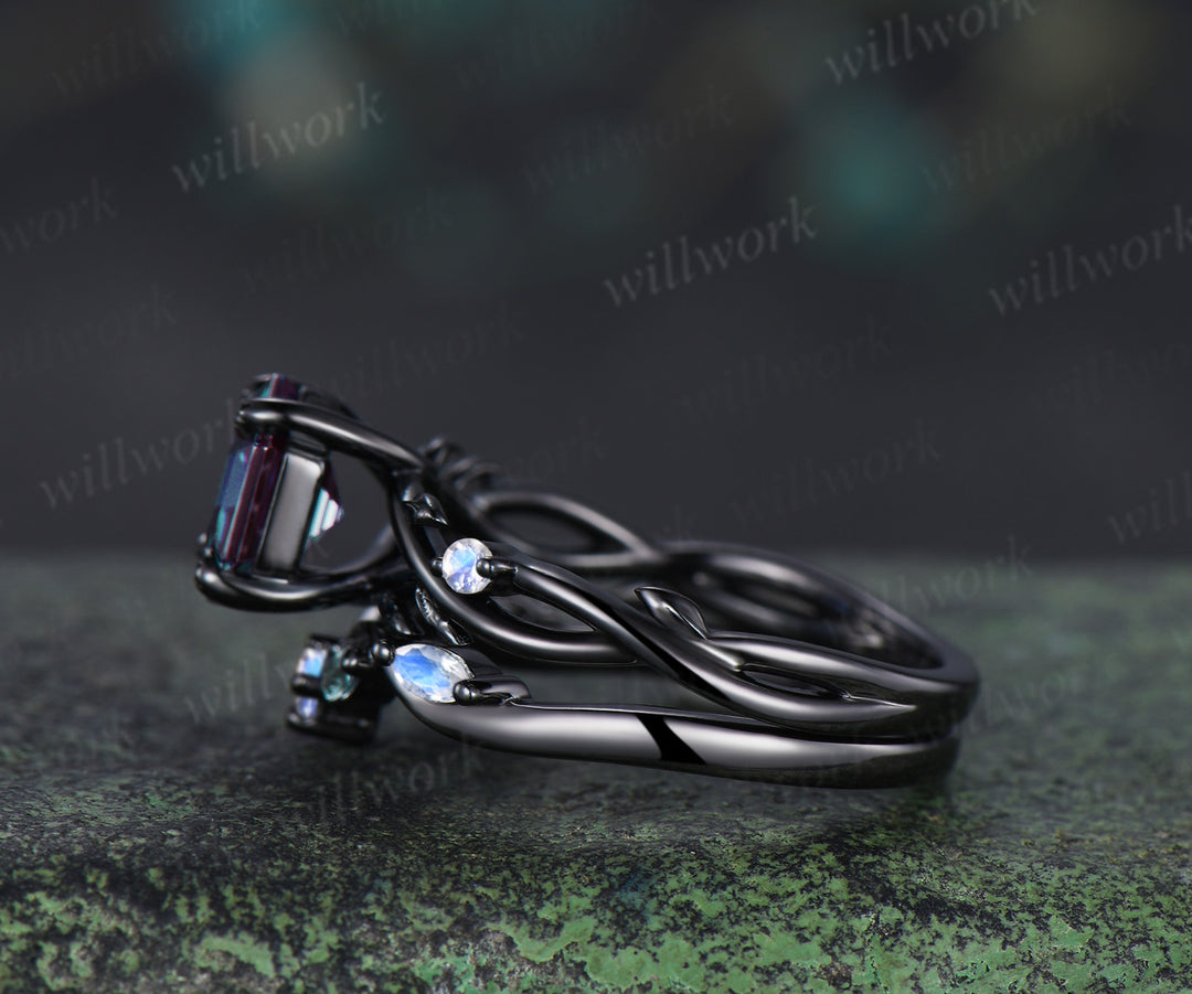 Hexagon alexandrite engagement ring set black gold twig leaf split shank moonstone ring marquise alexandrite wedding band unique bridal set