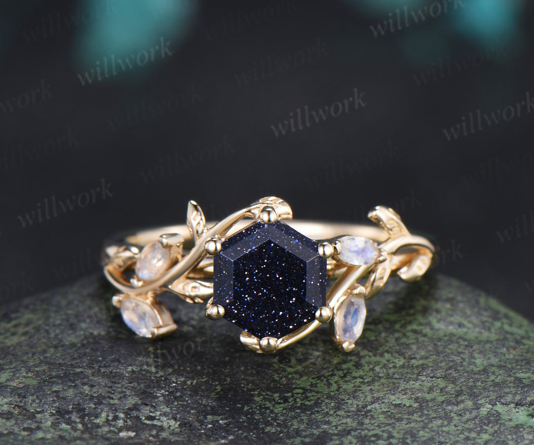 Hexagon cut blue sandstone engagement ring set moonstone leaf ring emerald moss agate twig leaf wedding band enhancer unique bridal set