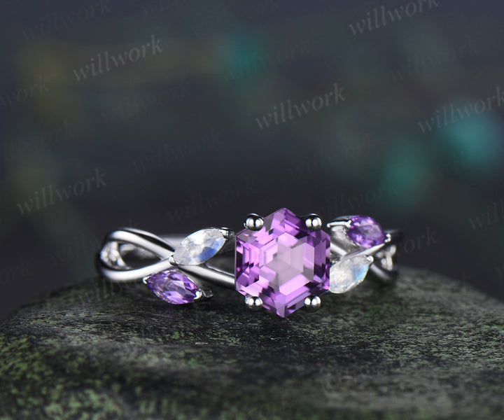 Hexagon cut natural amethyst engagement ring marquise moonstone amethyst five stone ring twisted infinity wedding ring