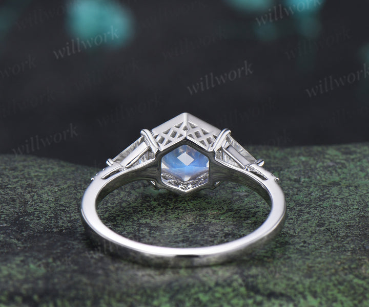 Hexagon cut natural moonstone engagement ring trillion cut moissanite half eternity wedding ring June birthstone jewelry gifts for her