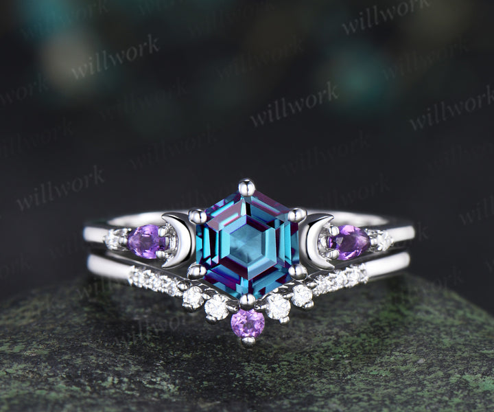 Unique hexagon cut alexandrite moon engagement ring set pear amethyst five stone ring moissanite wedding band bridal set