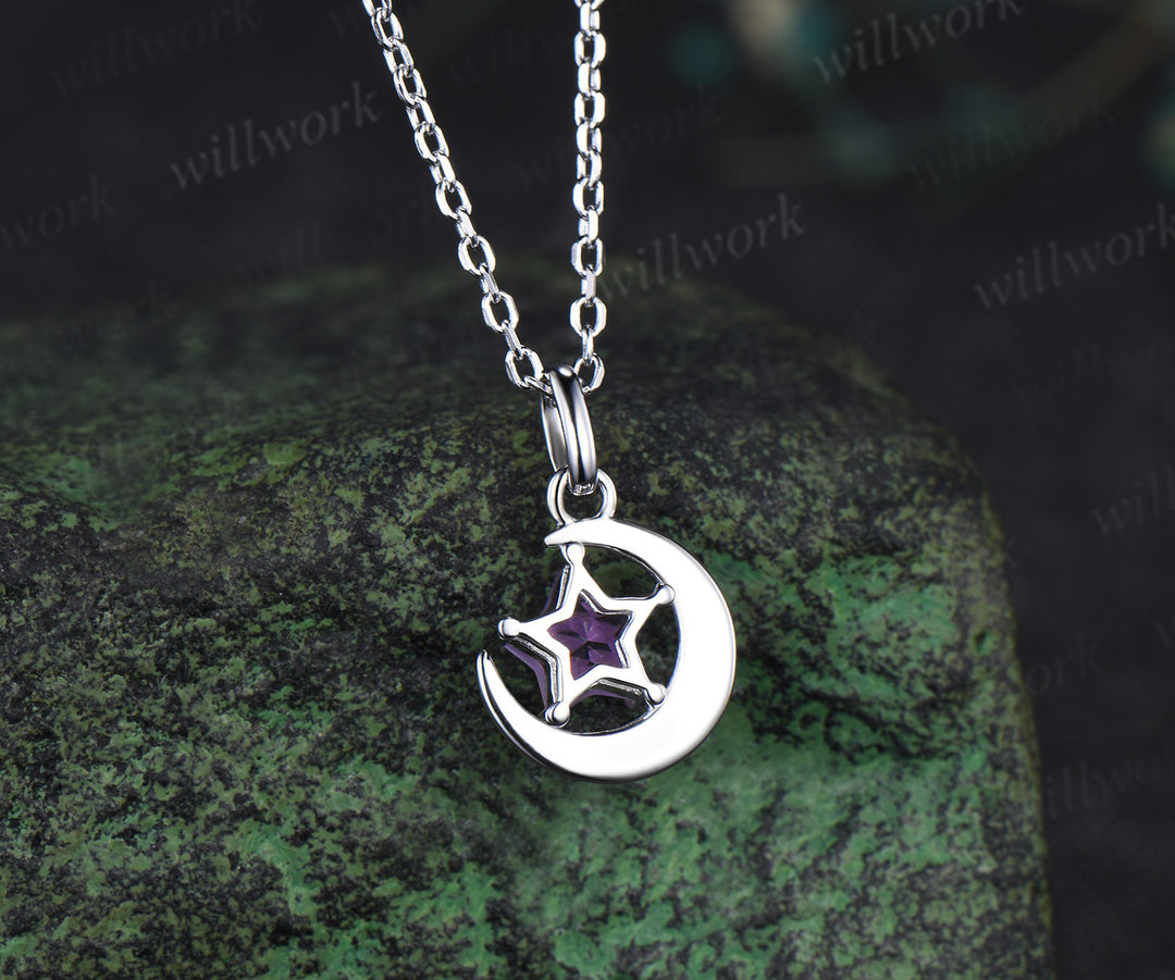 Unique star shape amethyst pendant necklace solitaire celestial moon star necklace gifts for her