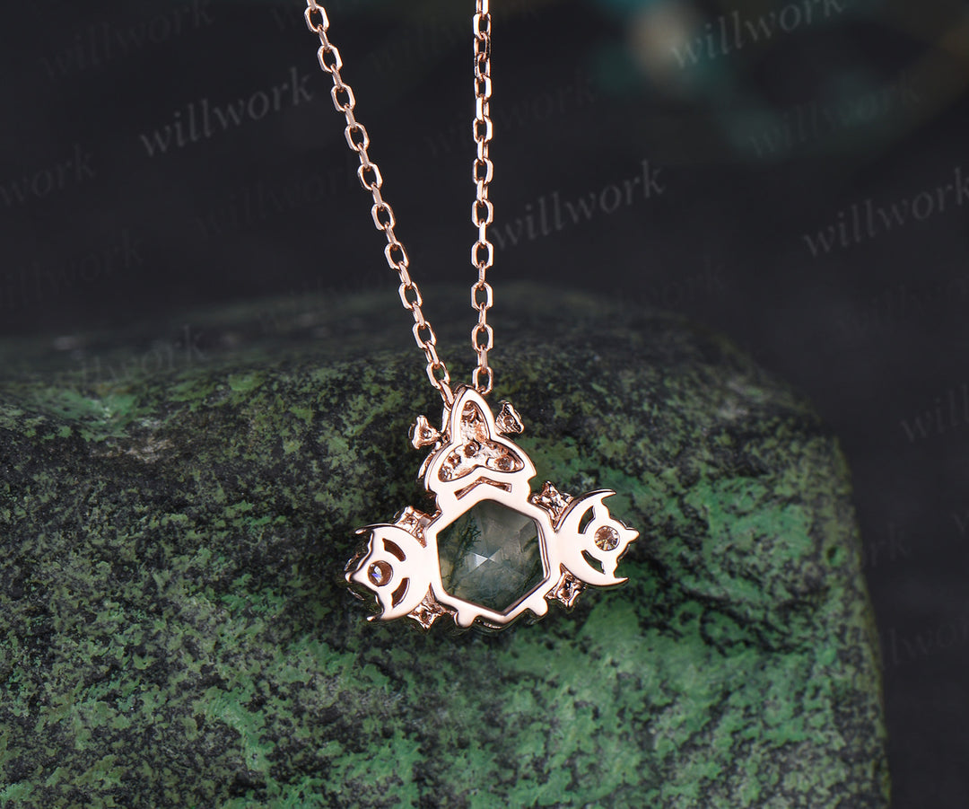 Unique hexagon cut moss agate pendant necklace art deco moon trinity knot moissanite charm pendant gifts for her