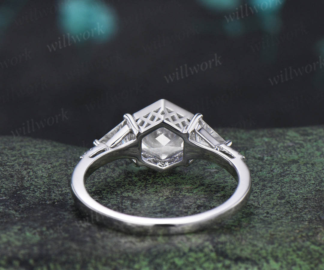Vintage bezel hexagon cut moissanite engagement ring trillion moissanite half eternity band promise ring for her