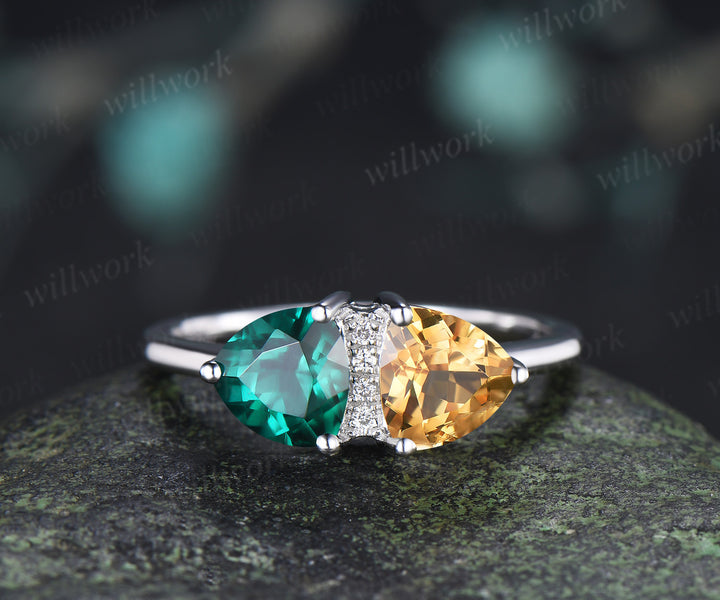 Trillion Cut Emerald & Citrine Toi et Moi Ring Personalized Two Birthstone Couple Ring BFF Jewelry Gift