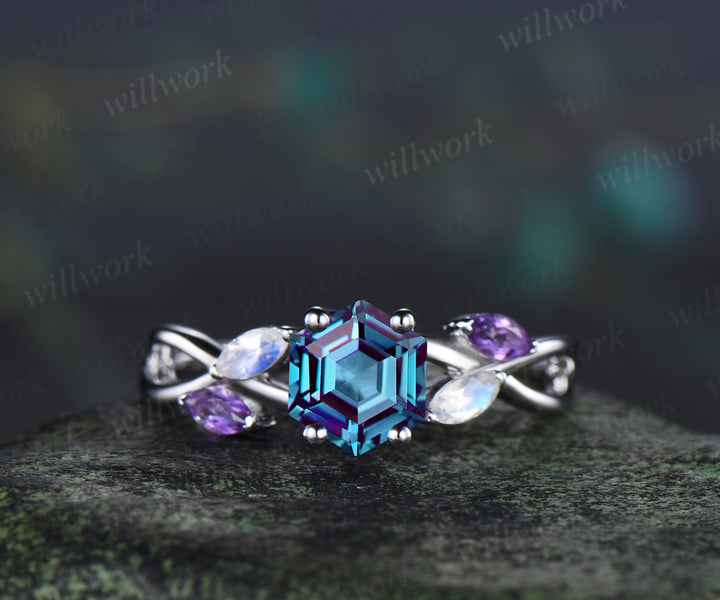 Hexagon cut alexandrite engagement ring marquise moonstone amethyst five stones twisted promise ring