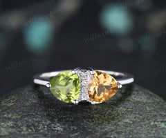 Trillion Cut Peridot Citrine Engagement Ring Personalized Toi Et Moi Two Birthstone Ring for Couple BFF