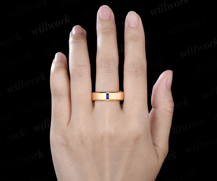 Baguette Sapphire Beveled Edge Men Engagement Ring Unique Solitaire Frosted Finished Men's Wedding Band