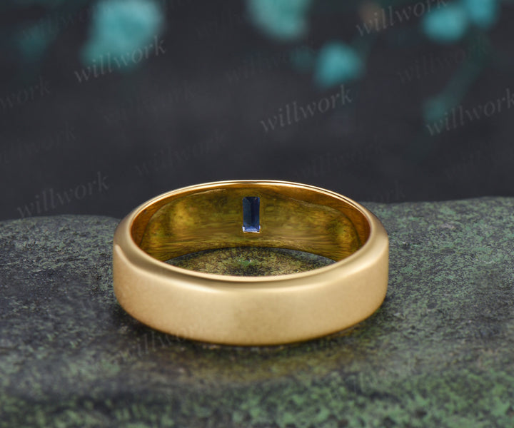 Baguette Sapphire Beveled Edge Men Engagement Ring Unique Solitaire Frosted Finished Men's Wedding Band