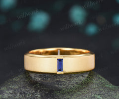 Baguette Sapphire Beveled Edge Men Engagement Ring Unique Solitaire Frosted Finished Men's Wedding Band
