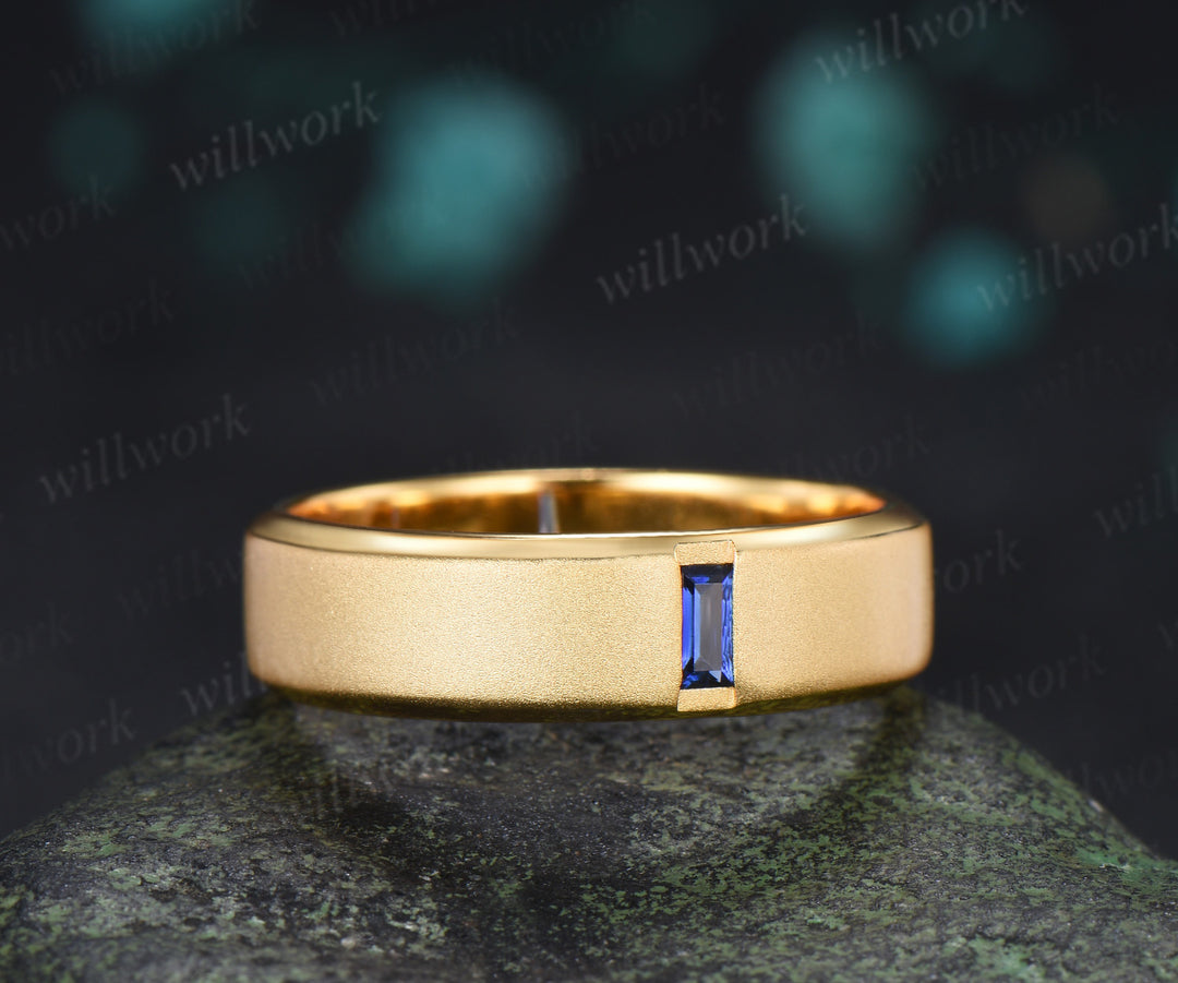 Baguette Sapphire Beveled Edge Men Engagement Ring Unique Solitaire Frosted Finished Men's Wedding Band