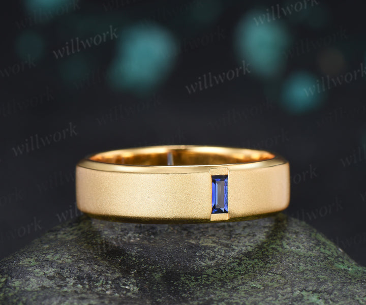 Baguette Sapphire Beveled Edge Men Engagement Ring Unique Solitaire Frosted Finished Men's Wedding Band