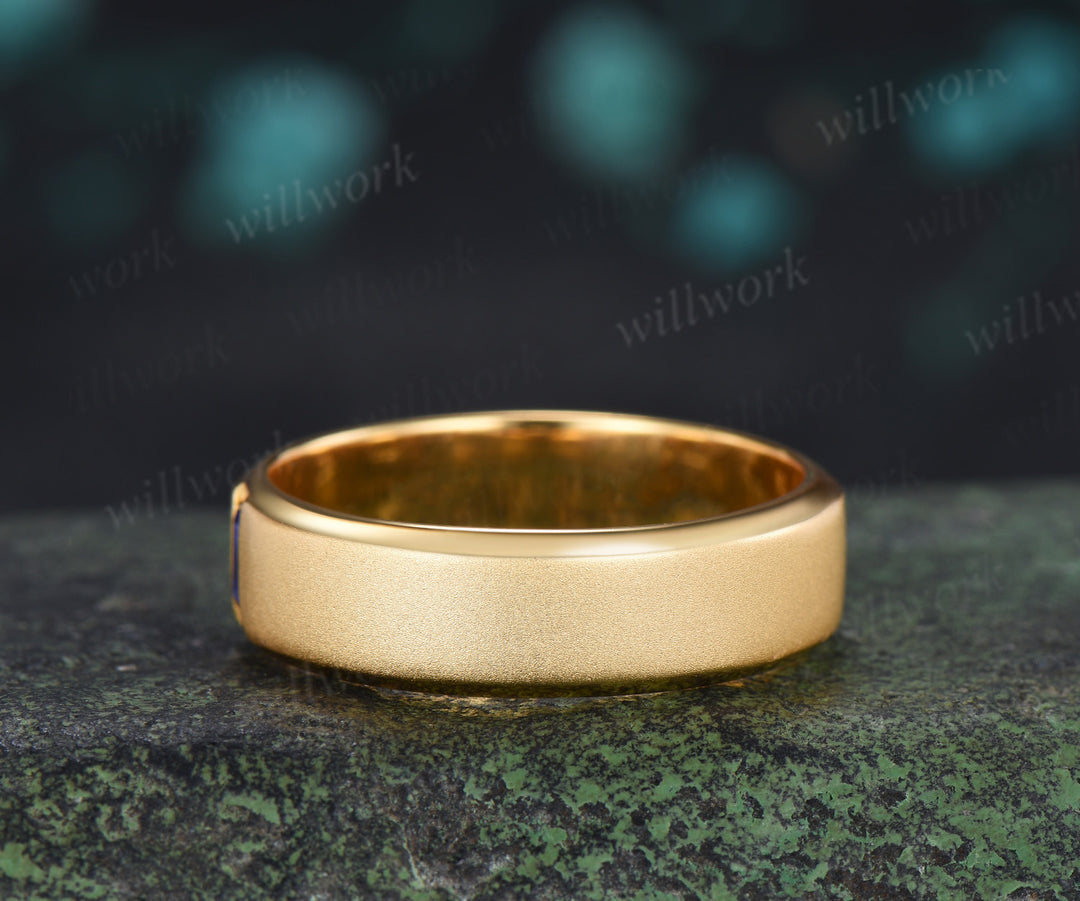 Baguette Sapphire Beveled Edge Men Engagement Ring Unique Solitaire Frosted Finished Men's Wedding Band