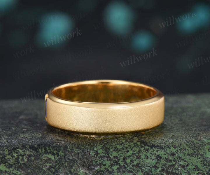 Baguette Sapphire Beveled Edge Men Engagement Ring Unique Solitaire Frosted Finished Men's Wedding Band