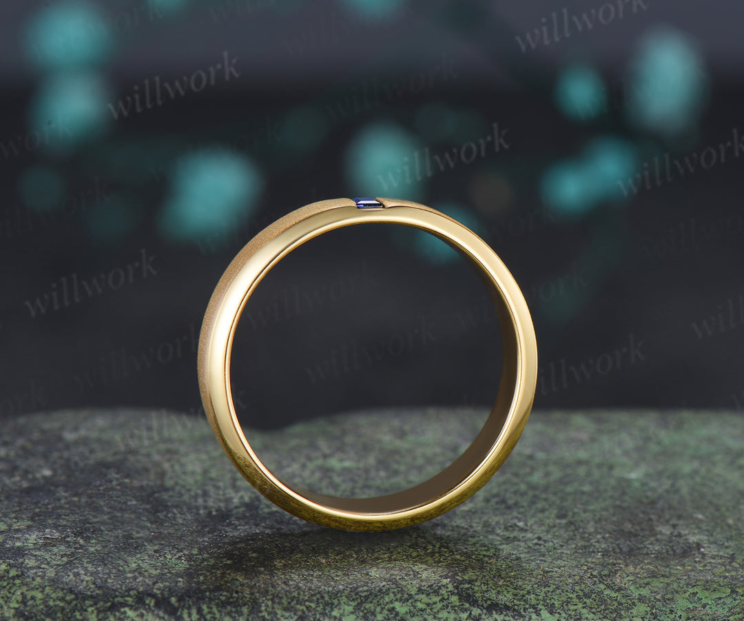 Baguette Sapphire Beveled Edge Men Engagement Ring Unique Solitaire Frosted Finished Men's Wedding Band