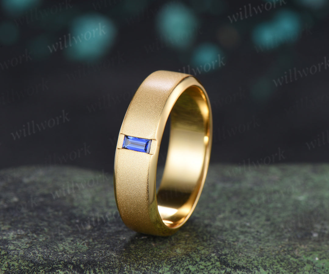 Baguette Sapphire Beveled Edge Men Engagement Ring Unique Solitaire Frosted Finished Men's Wedding Band