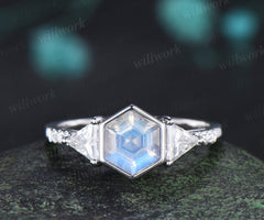 Hexagon cut natural moonstone engagement ring trillion cut moissanite half eternity wedding ring June birthstone jewelry gifts for her