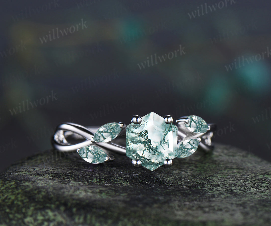 Hexagon cut moss agate engagement ring twisted infinity moss agate five stone ring alternative bridal ring