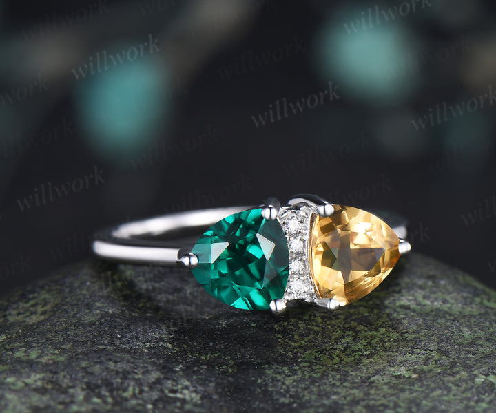 Trillion Cut Emerald & Citrine Toi et Moi Ring Personalized Two Birthstone Couple Ring BFF Jewelry Gift