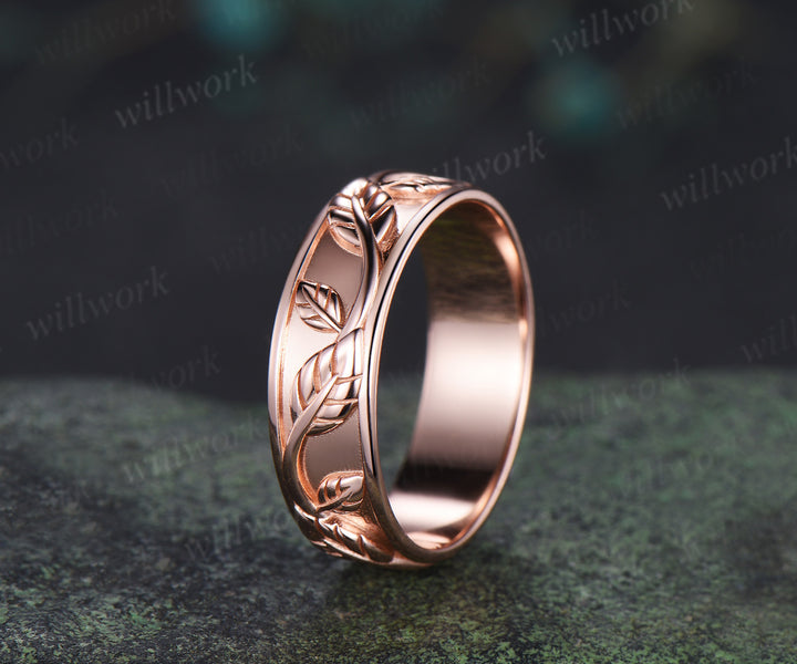 Leaf Twig Engraved Men Wedding Band 6mm Nature Inspired Promise Statement Ring