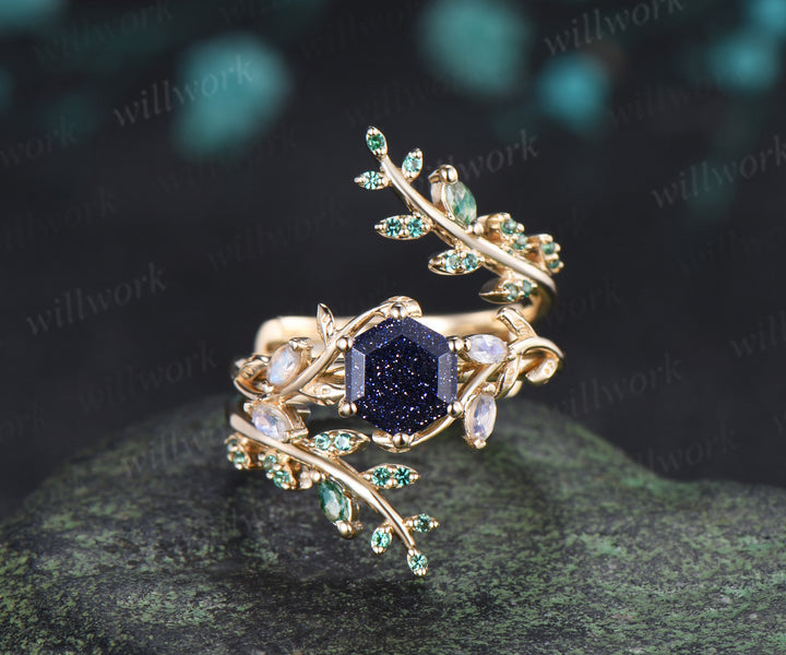 Hexagon cut blue sandstone engagement ring set moonstone leaf ring emerald moss agate twig leaf wedding band enhancer unique bridal set
