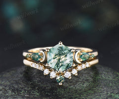 Unique hexagon cut moss agate moon engagement ring set pear moss agate five stone ring moissanite wedding band bridal set