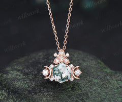 Unique hexagon cut moss agate pendant necklace art deco moon trinity knot moissanite charm pendant gifts for her