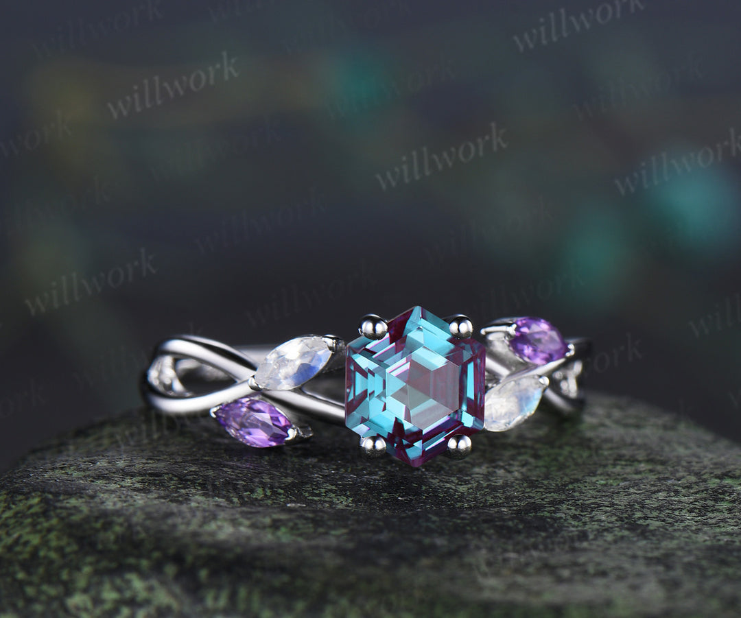 Hexagon cut alexandrite engagement ring marquise moonstone amethyst five stones twisted promise ring