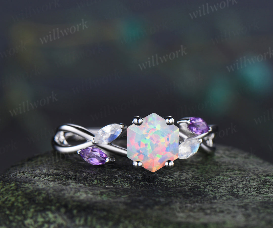Hexagon cut white fire opal engagement ring marquise moonstone amethyst five stones twisted infinity promise ring