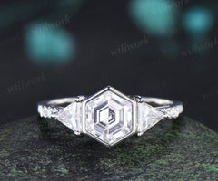 Vintage bezel hexagon cut moissanite engagement ring trillion moissanite half eternity band promise ring for her
