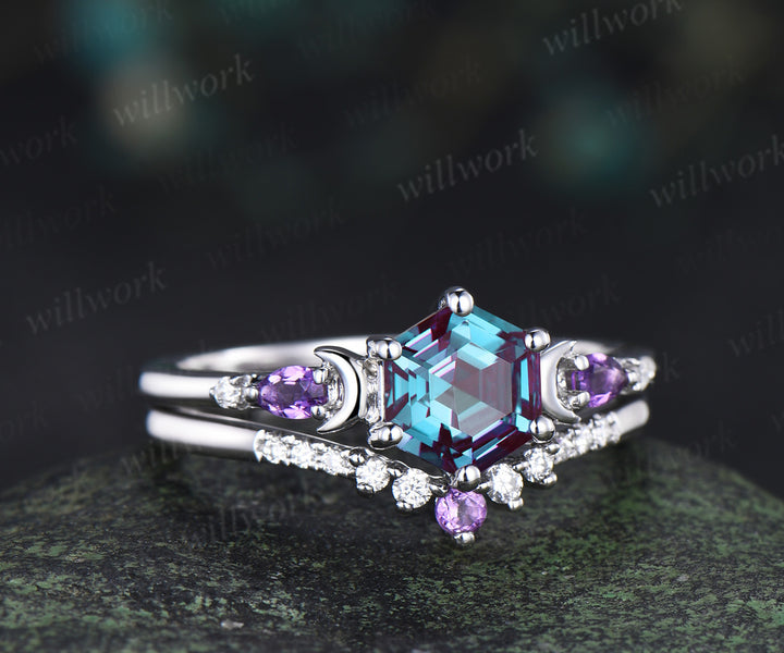 Unique hexagon cut alexandrite moon engagement ring set pear amethyst five stone ring moissanite wedding band bridal set