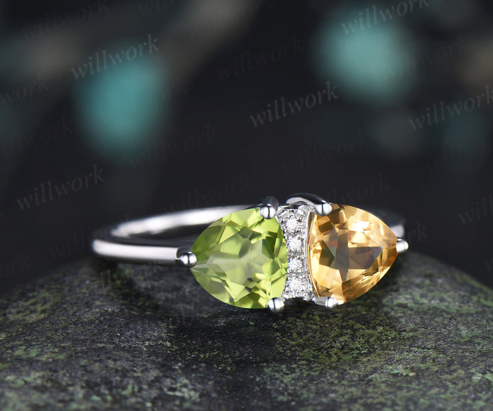 Trillion Cut Peridot Citrine Engagement Ring Personalized Toi Et Moi Two Birthstone Ring for Couple BFF