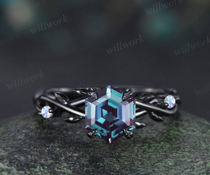 Hexagon alexandrite engagement ring set black gold twig leaf split shank moonstone ring marquise alexandrite wedding band unique bridal set