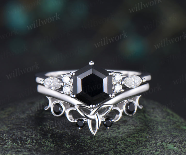 Vintage hexagon cut black onyx engagement ring set moissanite accents ring black spinels celtic knot band bridal set
