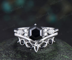 Vintage hexagon cut black onyx engagement ring set moissanite accents ring black spinels celtic knot band bridal set