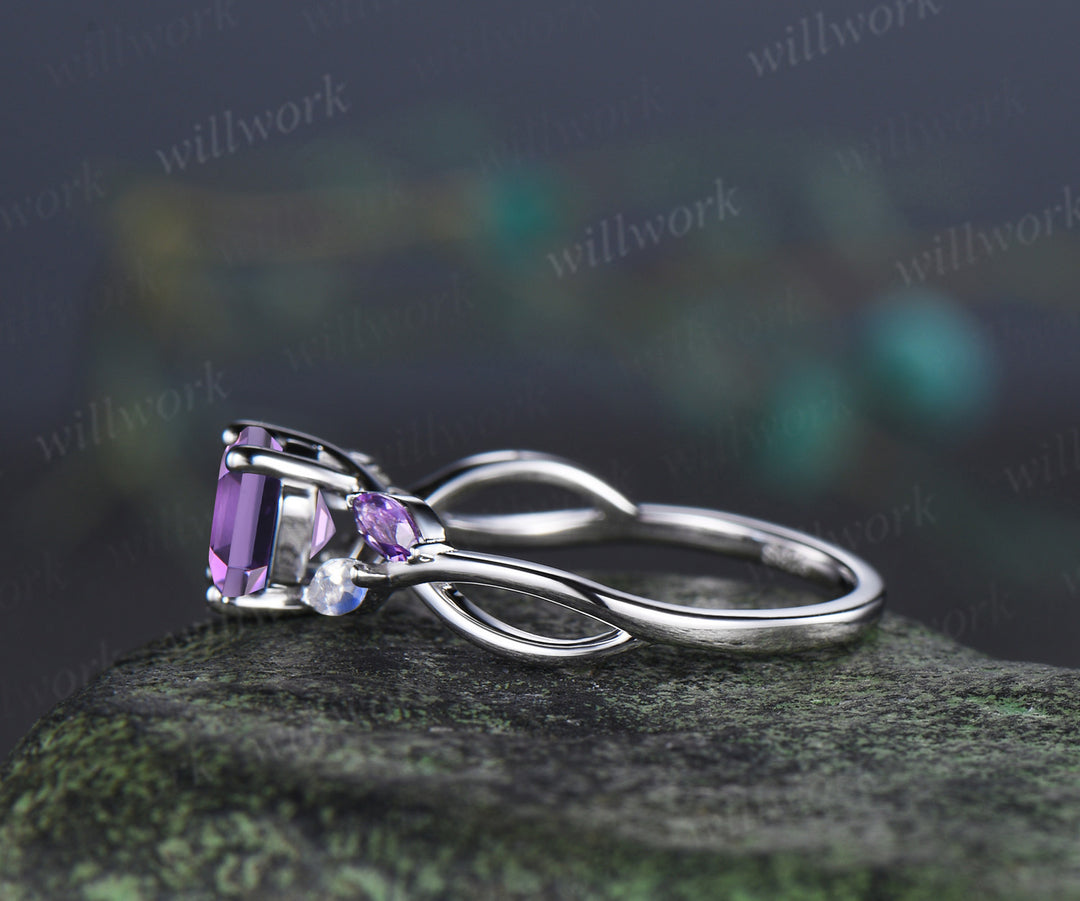 Hexagon cut natural amethyst engagement ring marquise moonstone amethyst five stone ring twisted infinity wedding ring