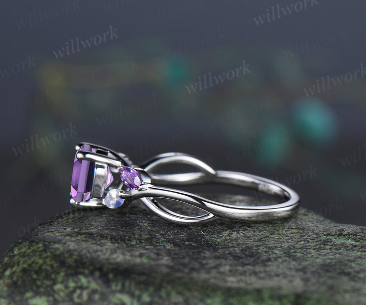 Hexagon cut natural amethyst engagement ring marquise moonstone amethyst five stone ring twisted infinity wedding ring