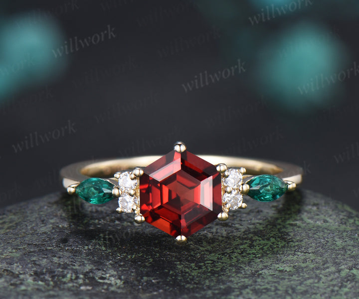 Hexagon cut ruby engagement ring set emerald moissanite seven stones ring minimalist princess cut ruby band bridal set