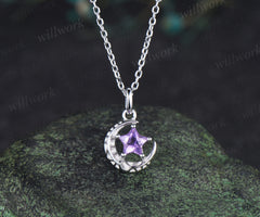 Unique star shape amethyst pendant necklace solitaire celestial moon star necklace gifts for her