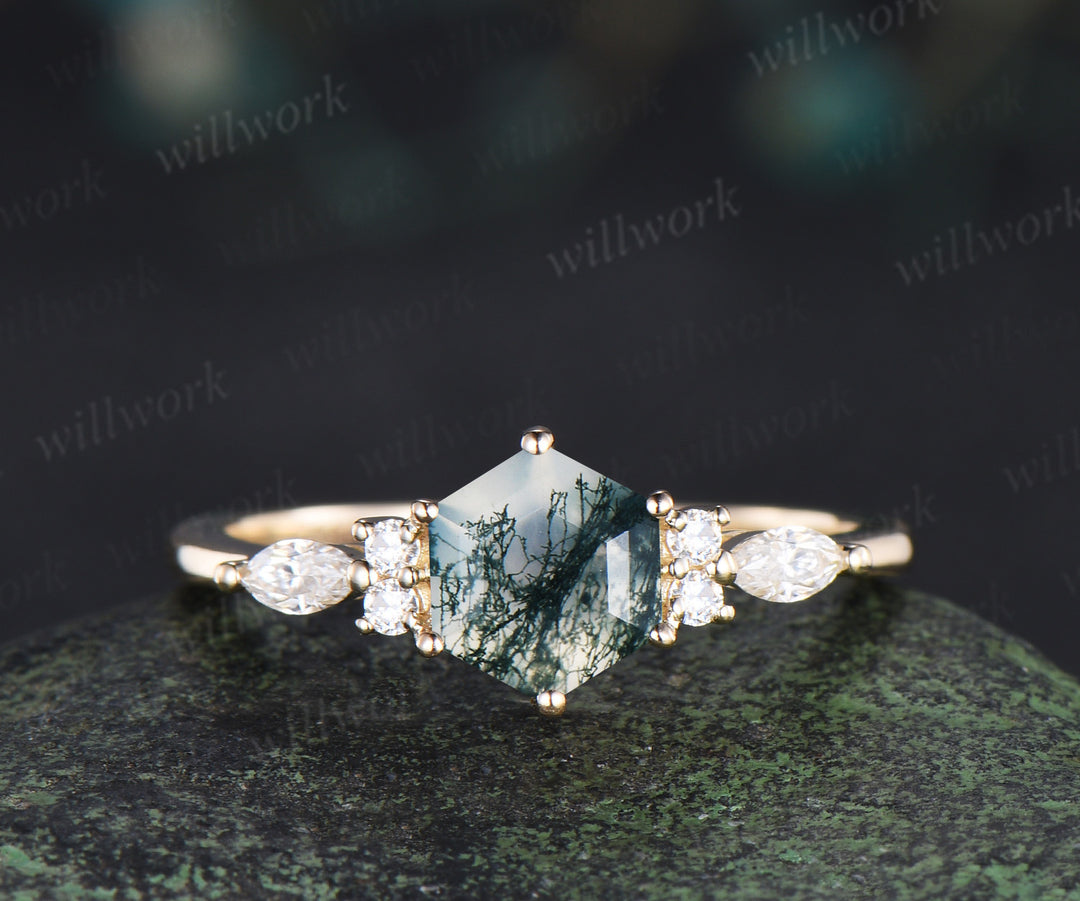 Hexagon cut moss agate ring set minimalist seven stones engagement ring marquise moss agate moissanite wedding band unique bridal set