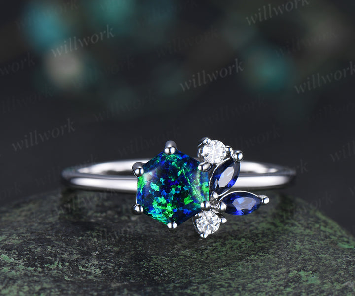 Unique hexagon cut black opal ring marquise blue sapphire cluster ring solid 14k white gold promise ring for women