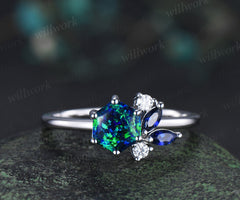 Unique hexagon cut black opal ring marquise blue sapphire cluster ring solid 14k white gold promise ring for women