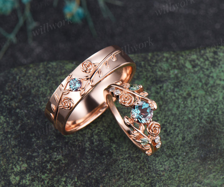 Round Cut Alexandrite Floral Leaf Engagement Ring & Round Alexandrite Leaf Floral Men Wedding Ring Nature Inspired Couple Set
