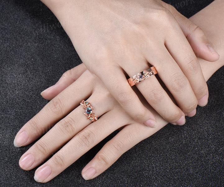 Round Cut Alexandrite Floral Leaf Engagement Ring & Round Alexandrite Leaf Floral Men Wedding Ring Nature Inspired Couple Set