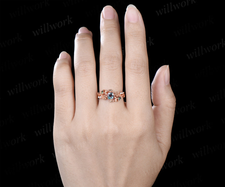 Round Cut Alexandrite Floral Leaf Engagement Ring & Round Alexandrite Leaf Floral Men Wedding Ring Nature Inspired Couple Set