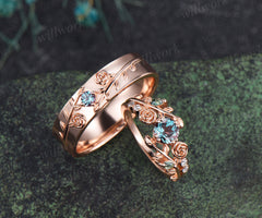 Round Cut Alexandrite Floral Leaf Engagement Ring & Round Alexandrite Leaf Floral Men Wedding Ring Nature Inspired Couple Set
