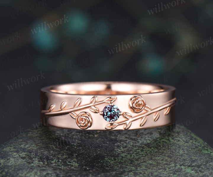 Round Cut Alexandrite Floral Leaf Engagement Ring & Round Alexandrite Leaf Floral Men Wedding Ring Nature Inspired Couple Set